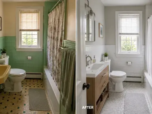 Before and after Cape Cod bathroom remodel with old green tile and updated compact bathroom.