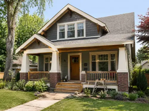 Craftsman house with repaired porch, trim, and near-finished exterior renovation.