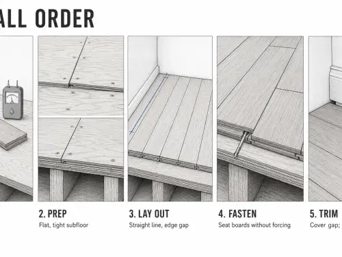 Five steps for installing hardwood flooring over a wood subfloor.