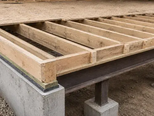 Wood floor framing system with joists, subfloor, rim joist, foundation, and beam support.