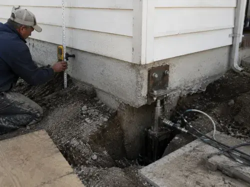 Contractor measuring elevation beside a hydraulic foundation lifting point.