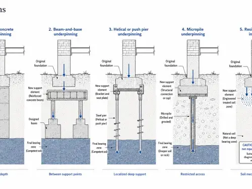 Five underpinning methods showing how foundation loads reach supporting soil.