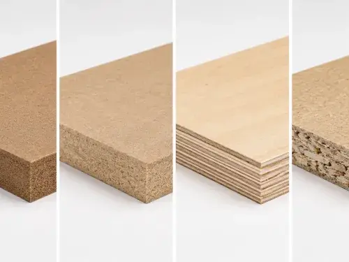 Visual comparison of HDF, MDF, plywood, and particleboard edge structure.