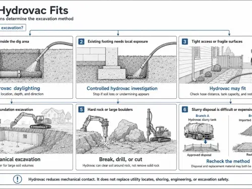 Decision diagram showing when hydrovac excavation is useful and when another excavation method is more suitable.