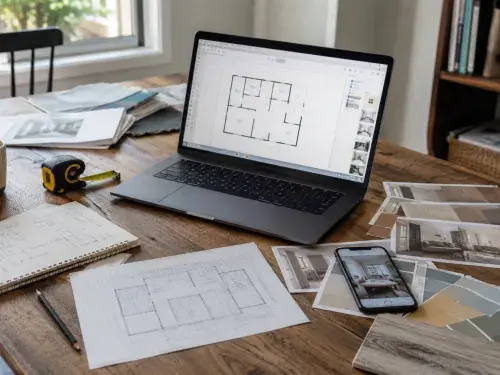 Home design planning desk with laptop floor plan, room photos, swatches, sketch, and measuring tape.