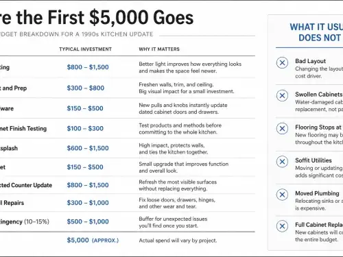 Diagram showing where the first $5,000 goes furthest in a dated 1990s kitchen.