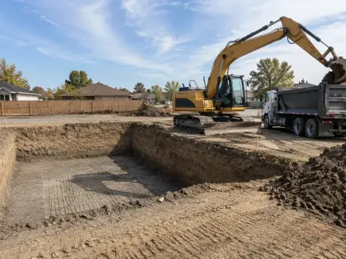 Excavator loading soil into a dump truck beside a residential foundation excavation.