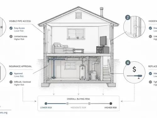 Diagram showing how access, insurance, leaks, and replacement cost affect polybutylene risk.
