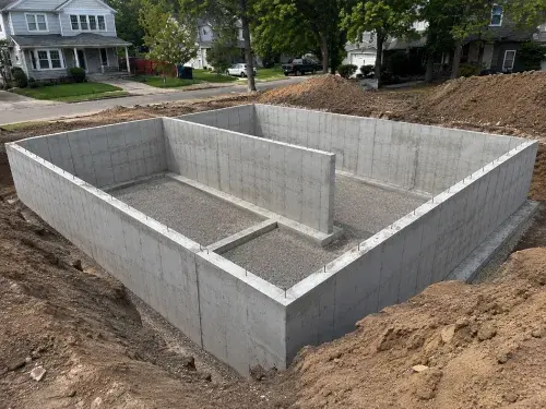 Poured-concrete basement foundation walls and interior structural footings on a residential construction site.