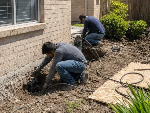 Workers installing piers beside a residential slab foundation.