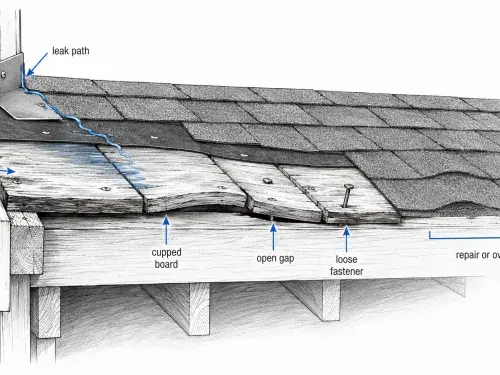 Diagram showing roof plank failure from leaks, cupping, gaps, and loose fasteners.