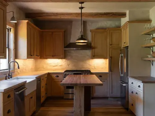 Rustic kitchen with wood cabinets, island, farmhouse sink, open shelves, and task lighting.