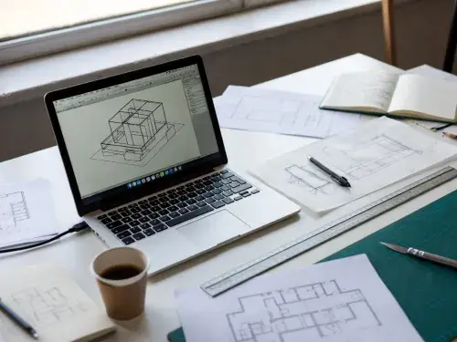 Architecture student desk with laptop CAD model, sketches, ruler, and cutting mat.