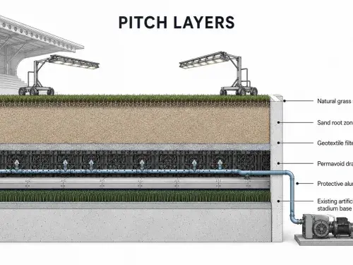 Cutaway showing temporary natural grass, drainage and aeration installed over an existing artificial stadium field.