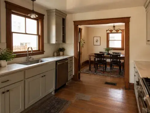 Updated Craftsman kitchen with simple cabinets, wood floors, and old trim.