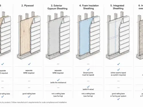 Diagram comparing OSB, plywood, gypsum, foam, integrated, and insulated exterior wall sheathing.
