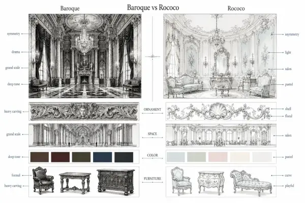 Side-by-side comparison of Baroque and Rococo interiors, highlighting bold Baroque gilded moldings and Rococo pastel floral motifs.