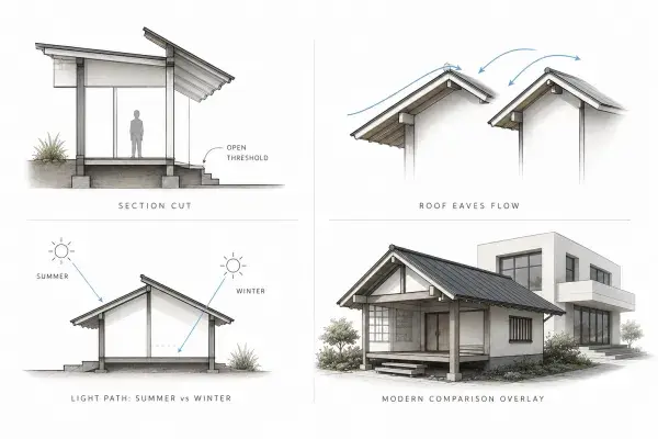 A diagram of traditional Japanese architecture showing raised platforms, layered spaces, and roof eave flow.