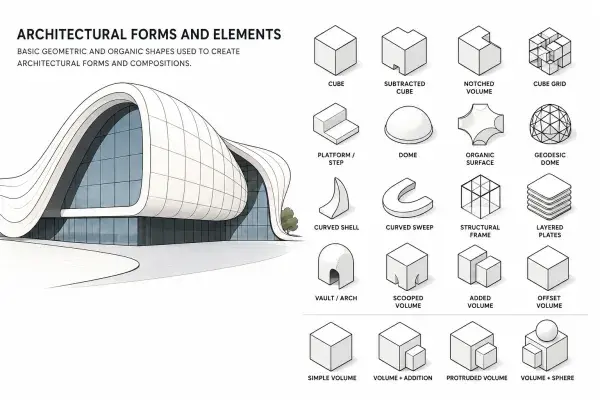 Infographic showing modern architecture forms and geometric building
