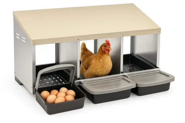 Modern roll-away chicken nesting box with a beige metal roof, three trays, and a light-brown hen inside the center compartment on a perforated platform.