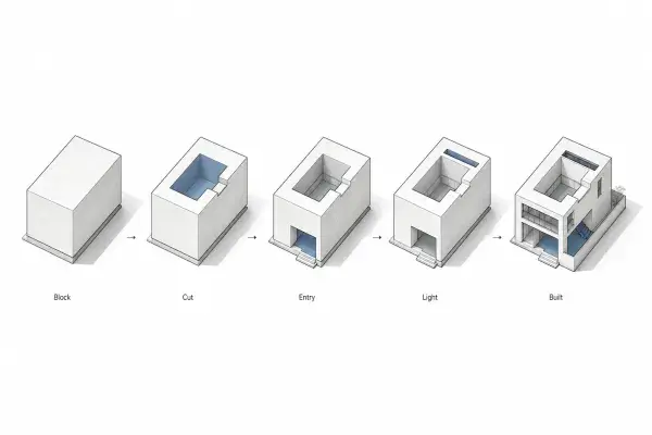 Architectural diagrams illustrating the principle ‘Form Follows Function’ with clean blue icons on a white background.