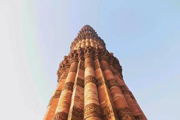 Close-up of floral and script carvings on Qutub Minar.
