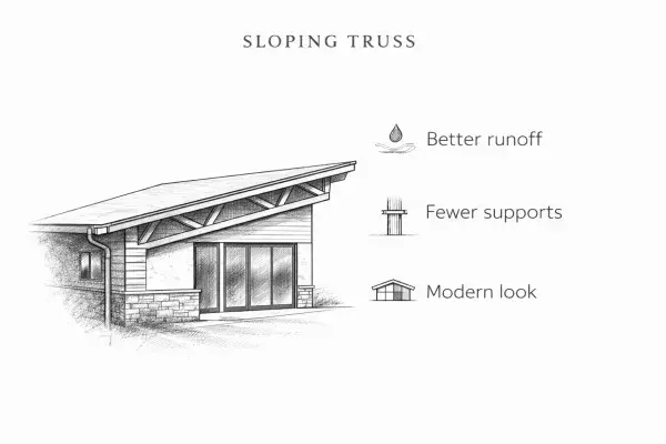 Diagram showing sloped flat roof truss system used in modern and industrial building design.