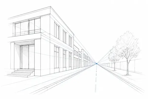 Architectural sketch showing depth and perspective using line techniques.