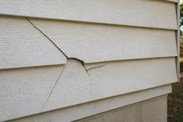 Cracked asbestos siding with a small house sketch and text warning about hazardous construction material.