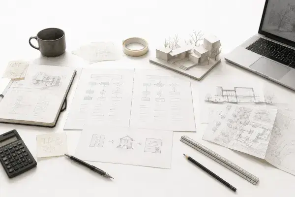 Hands on laptop near architecture drawings and model house.