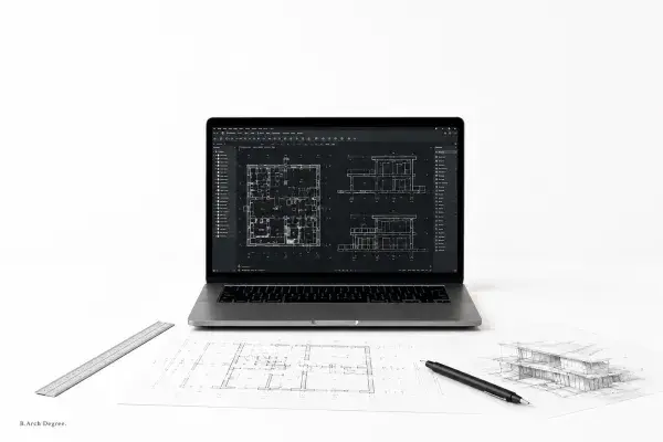Hands working on floor plan beside laptop and model houses.