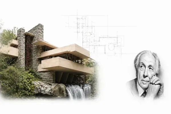 Portrait of Frank Lloyd Wright alongside Fallingwater and Robie House masterpieces.