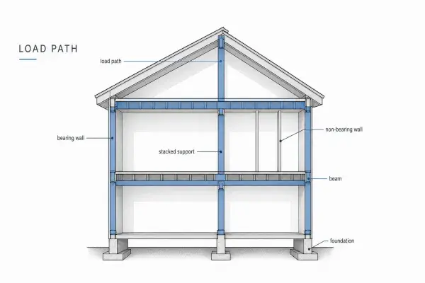 Cross-section of a two-story house showing load-bearing and non-load-bearing walls.