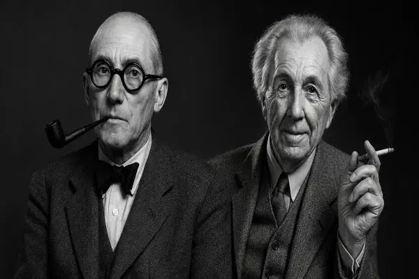 Frank Lloyd Wright with a cigarette and Le Corbusier holding a pipe.