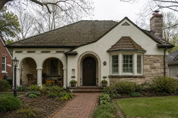 1940s house with simple lines, gabled roof, and modest front porch.