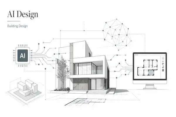 Showing AI chip, building, and floor plan monitor connected by neural lines.