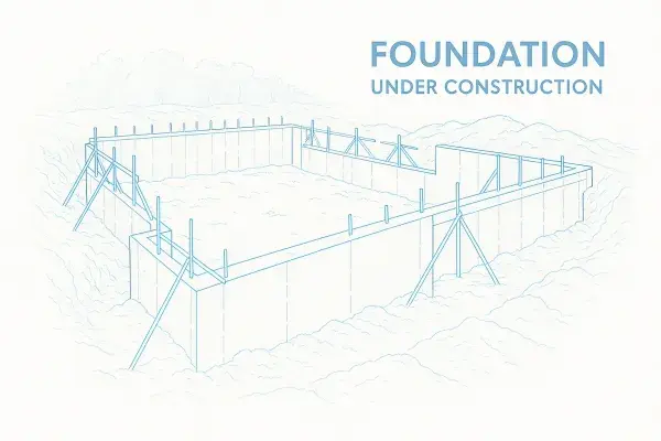 Technical illustration of a poured concrete foundation under construction with braces.