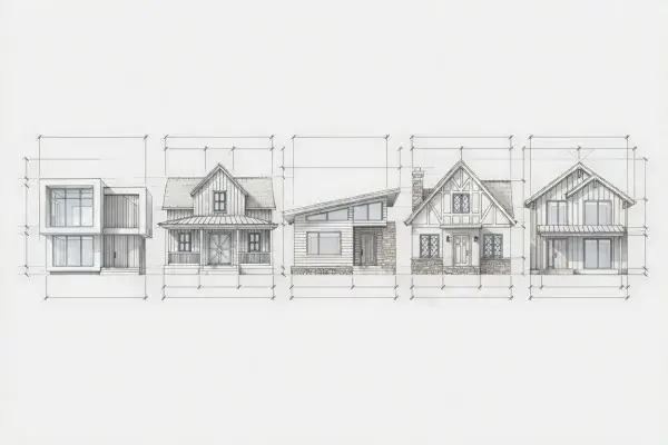 Showing four modern house styles with clean geometry.