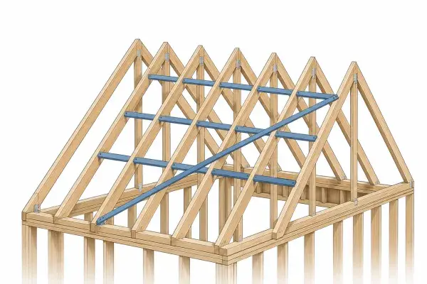 Lateral bracing diagram in flat infographic style with trusses, bracing, and connection detail.