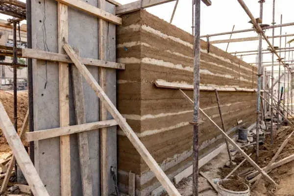 Natural building techniques used to create rammed earth wall.