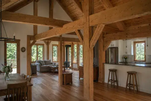 Diagram and home example showing post and beam construction.