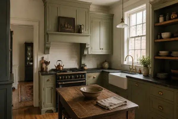 Victorian kitchen with detailed wood cabinetry and vintage fixtures.