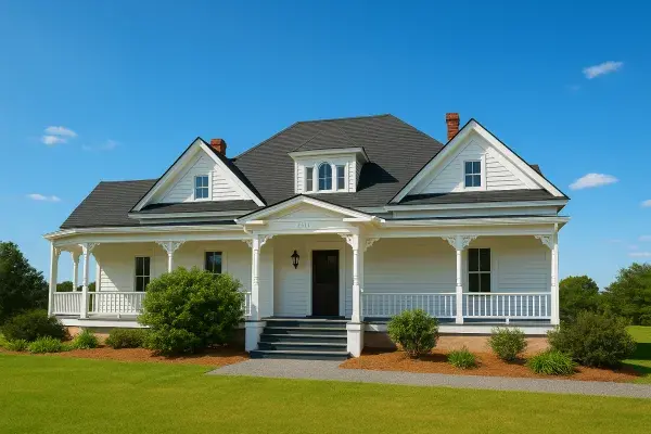 1930s Folk Victorian farmhouse with porch.