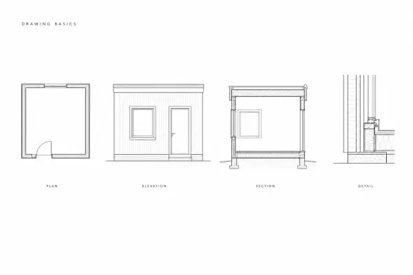 Sketch of architectural drawings, showing early design concepts with detailed lines and proportions.