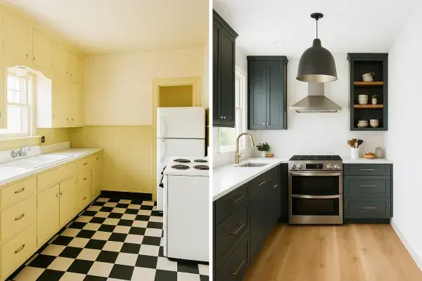 Before and after photo of a kitchen remodel with retro checkered floor and modern navy cabinets.