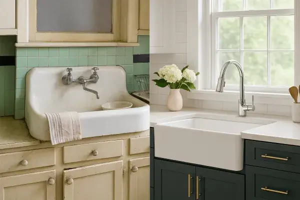 Side-by-side comparison of a 1930s kitchen sink and a modern updated version with sleek finishes.