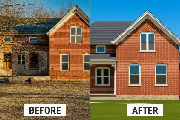  Side-by-side view of old damaged red brick house and same house fully restored.