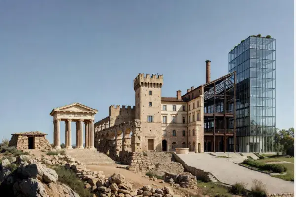 Showing the evolution of architecture from huts to futuristic buildings.