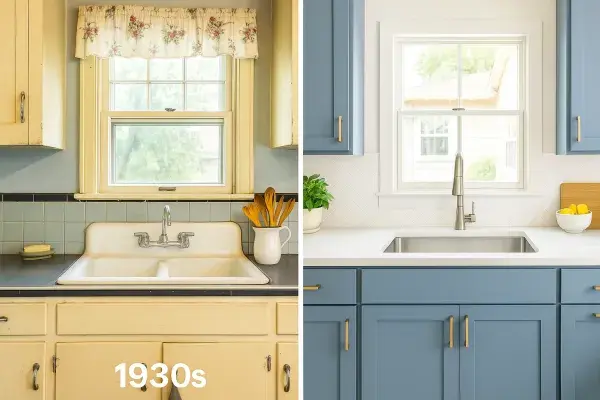 Side-by-side view of a 1930s kitchen sink and a modern renovated sink area.