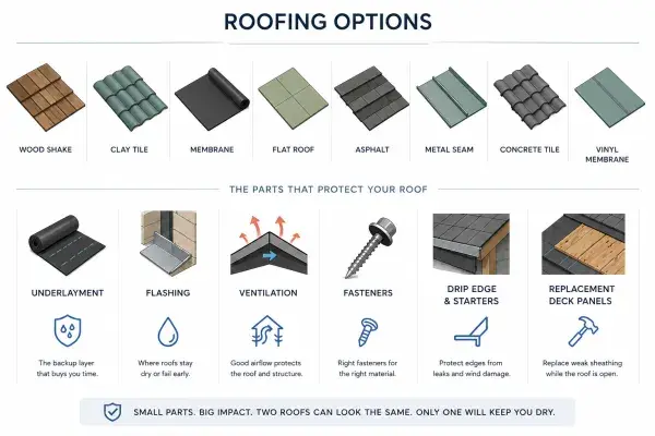 Different roofing material options including wood shake, concrete tile, asphalt, metal standing seam, and vinyl membrane.